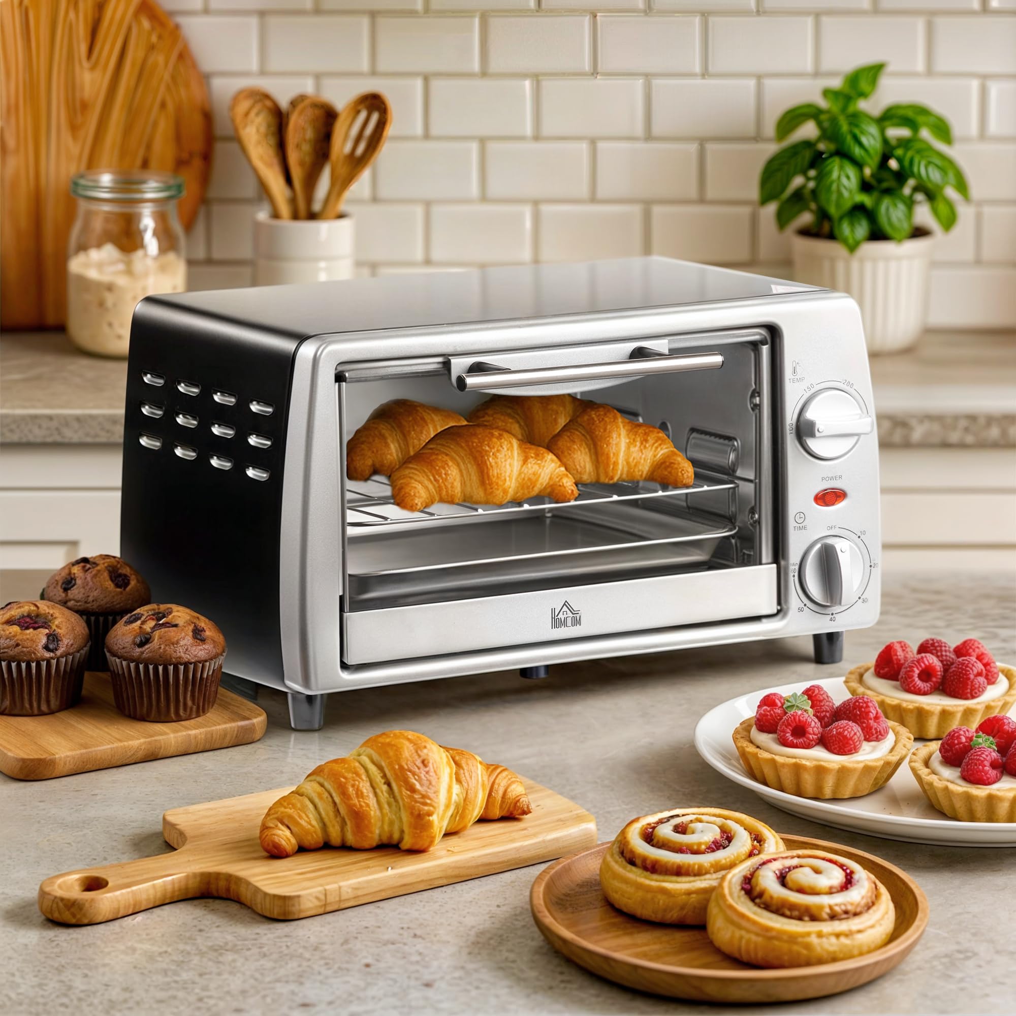 HOMCOM Mini four électrique 10L avec 1 grille et 1 plateau, température réglable de 100°C à 230°C, Minuteur 60 min, 36,5x26x22cm, argent