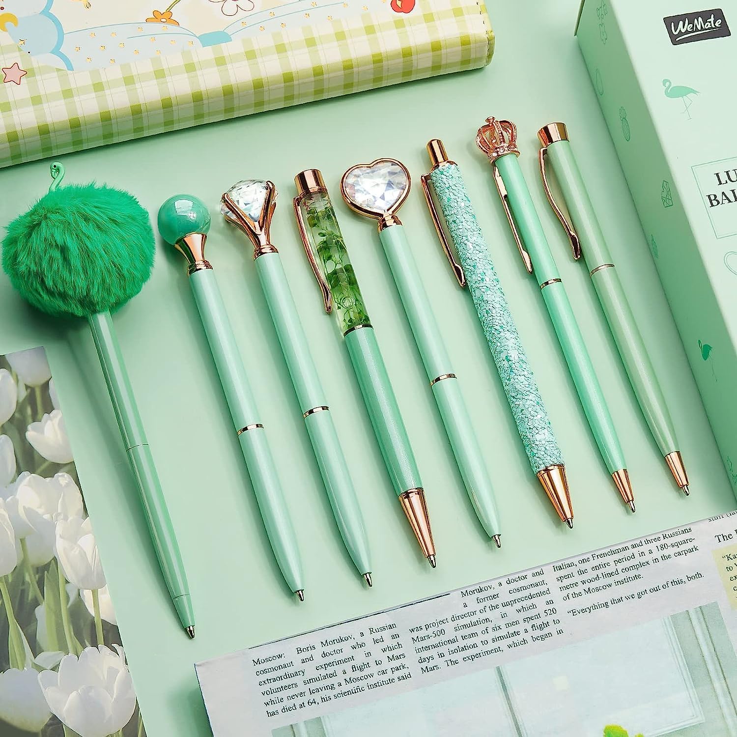 WEMATE 8Pcs Green Ballpoint Pens Set Pen Bling for Women,Girly Pens