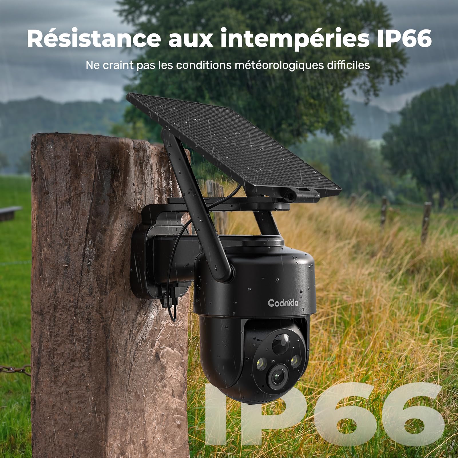 Codnida 4G LTE Caméra de Surveillance Extérieure sans Fil Solaire avec Carte SIM,9000mAh Batterie,2K HD,Vision Nocturne Couleur,Audio Bidirectionnel,IP66