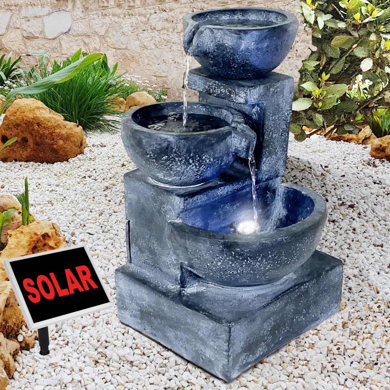 Fontana da giardino, fontana solare, GRANITSCHALEN-Kaskade con luce LED e batteria agli ioni di litio, cascata per il bagno degli uccelli decorazione da giardino con pompa giochi d'acqua per giardino