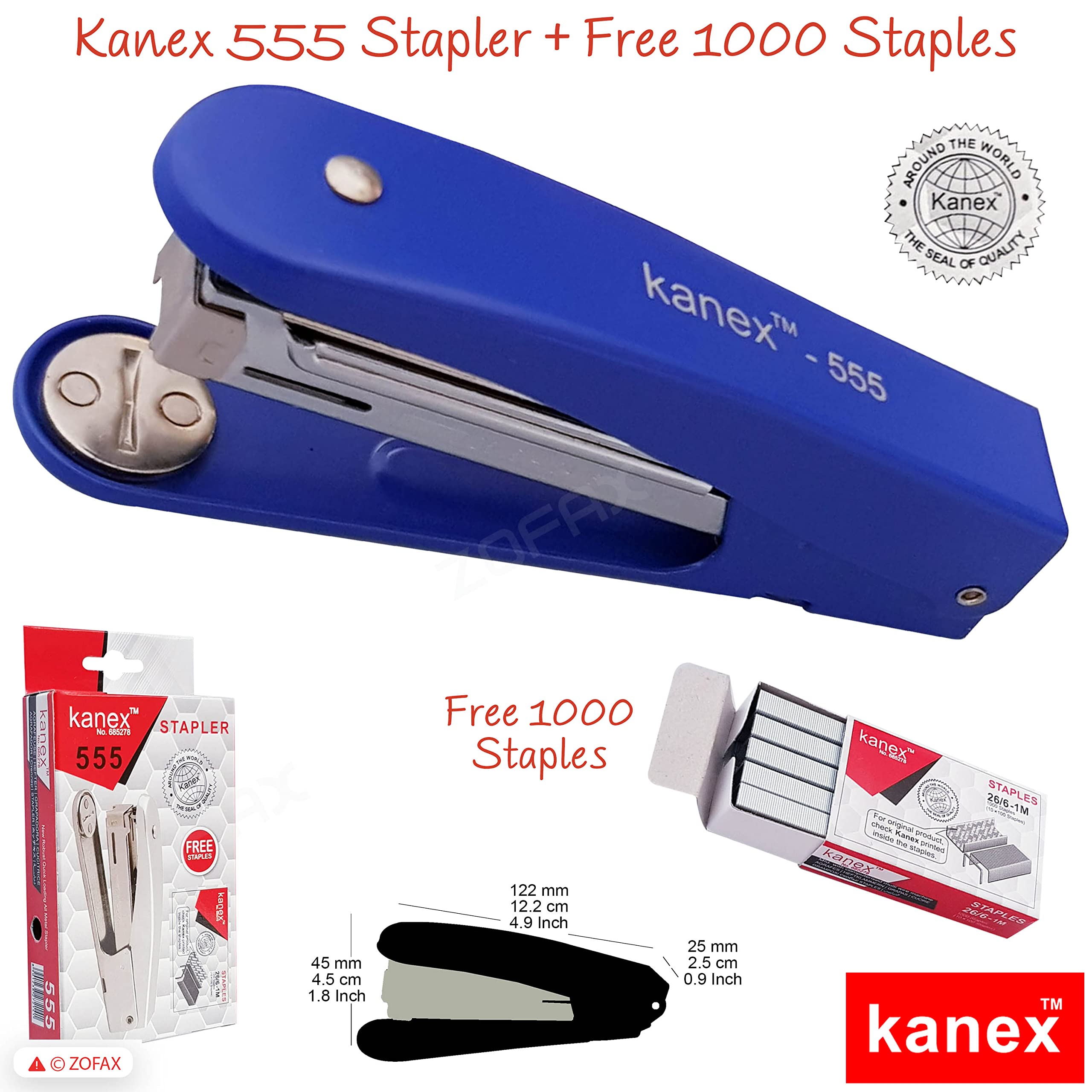 Z555 Metal Half Strip Stapler, BLUE Body + 1000 Staples, 30 Sheets Stapling, Tacking, Reload Indicator, 24/6 26/6 Staples, iZOFAX Black Ball Pen - Image 2