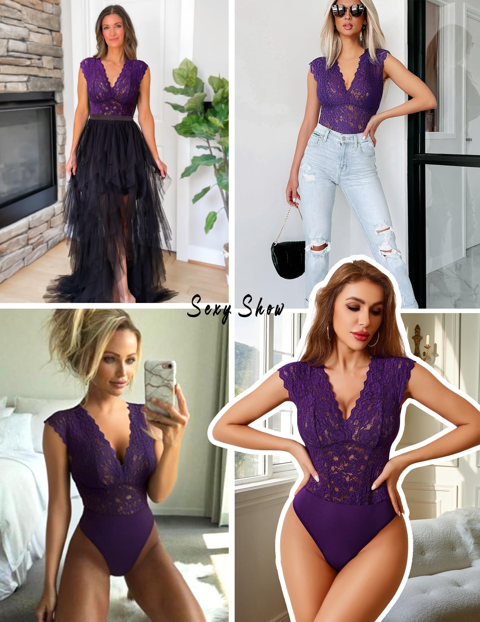 Avidlove Body en dentelle pour femme sexy avec col en V et entrejambe à boutons-pression une pièce