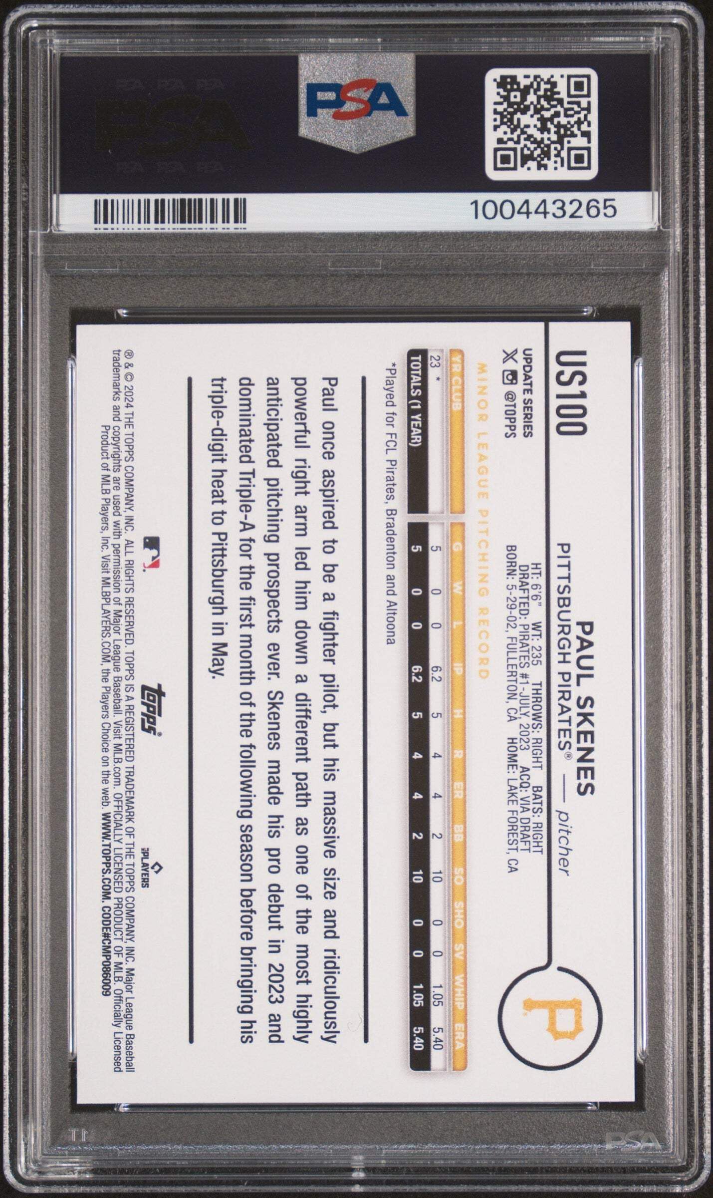 Amazon.com: Graded 2024 Topps Update Paul Skenes #US100 Rookie RC 