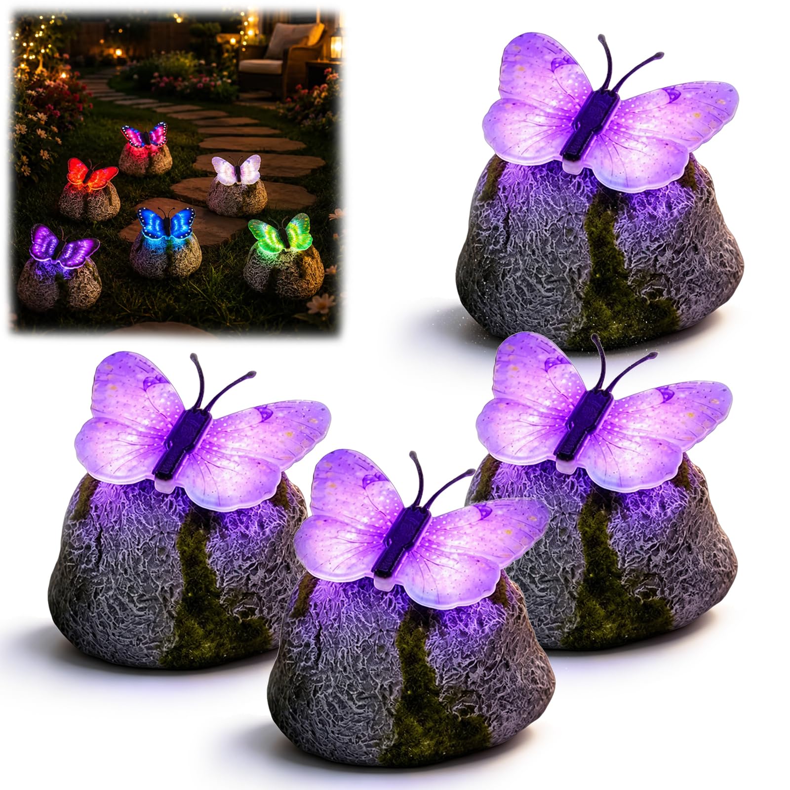 ELMVAR Illuminated Butterfly Stone Garden Light, Solar LED Powered Outdoor Decor, Waterproof Resin Butterfly Statue, Glowing Yard Ornament for Patio Lawn Flower Bed (Purple,8)
