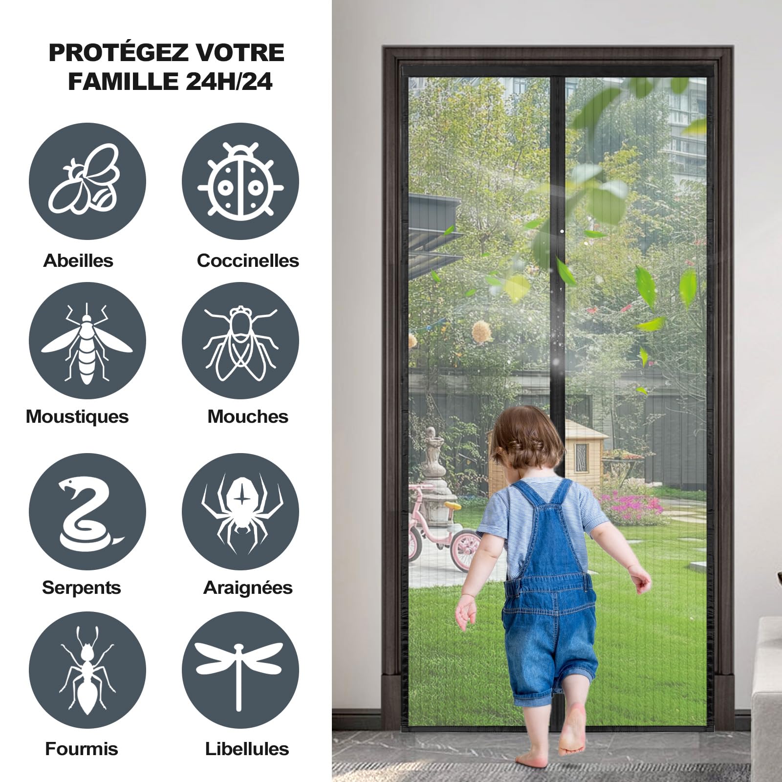 Moustiquaire Porte Fenetre Magnétique Sans Perçage 140x210 cm, Magnétique moustiquaire porte, Fermeture Automatique, Maille Ultra-Fine Antimoustique Noir