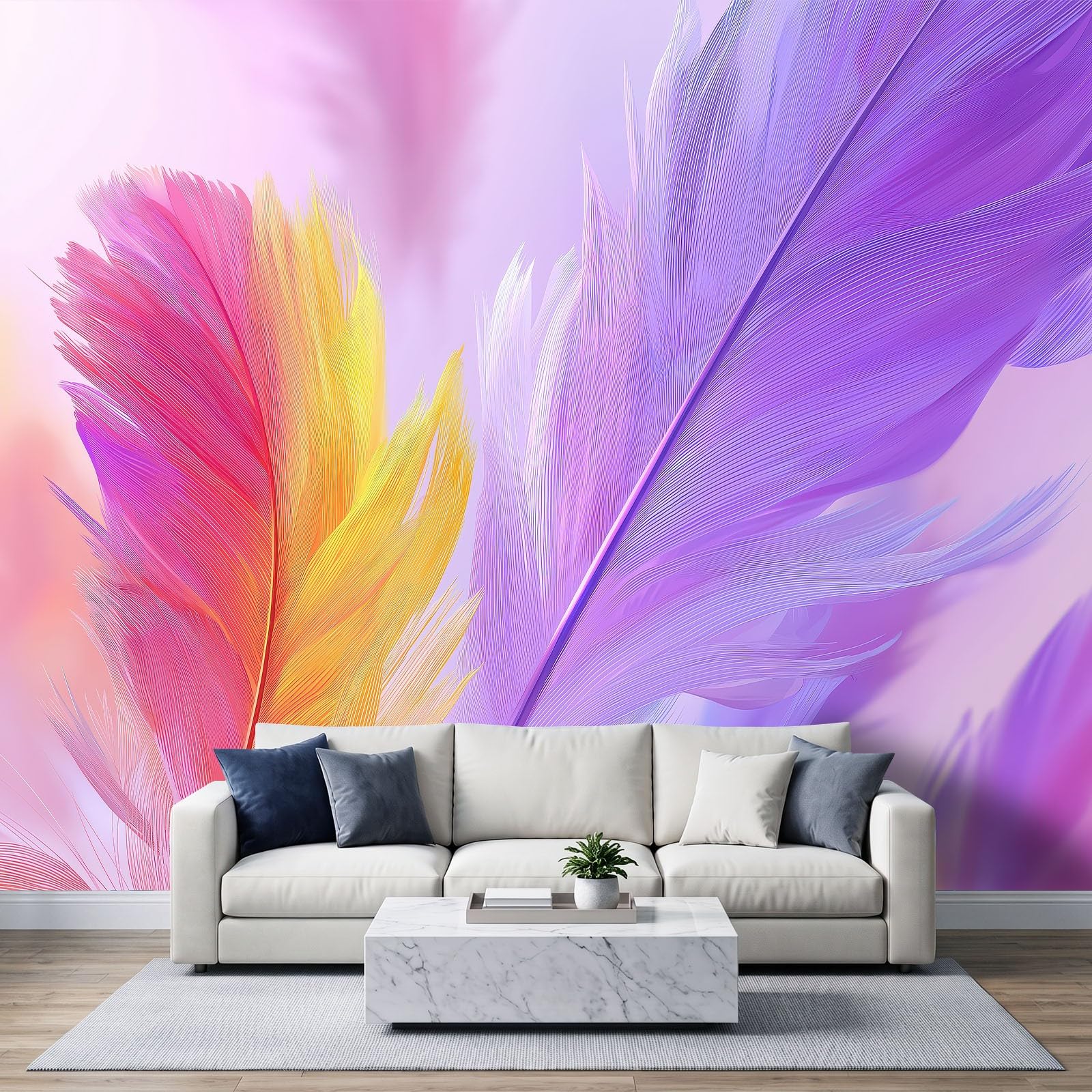 Générique 450 x 280 cm Panoramiczna tapeta fantasy zwierzę gradient pióra 3D projekt ścienny, dekoracja ścienna do zdjęć, tapety z włókniny dekoracja ścienna salon sypialnia, fioletowy