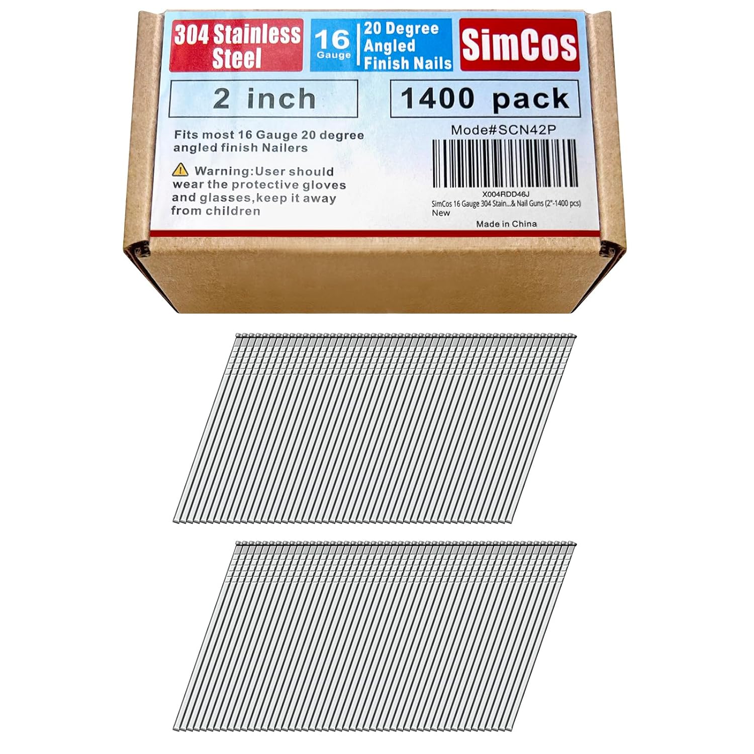 16 Gauge 304 Stainless Steel Angled Finish Nails – 1-1/4” to 2-1/2 Inch, 20-Degree | Compatible with Pneumatic/Electric Angled Finish Nailers & Nail Guns (2"-1400 pcs)