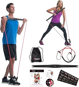 BodyGym All in 1 Portable Home Gym Full Body Exercise Resistance Bar Kit with Adjustable Resistance Band, Tape Measure, Storage Bag, and 2 Guided Workout DVDs