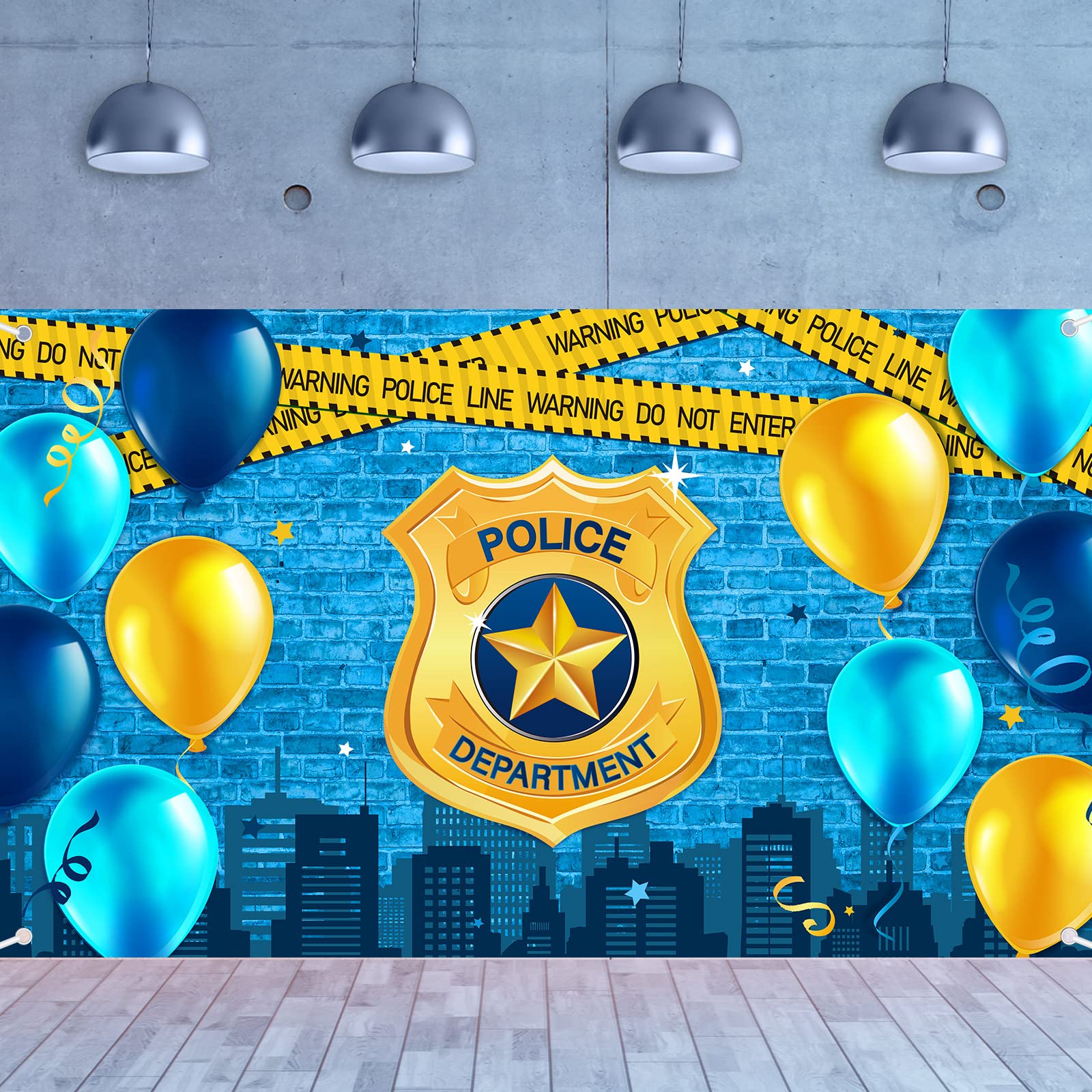 Police Party Photography Banner Police Department Badge Blue Brick Wall Backdrop Police Birthday Warning Tape Background for Police Boys Party Supplies Wall Decoration, 72.8 x 43.3 Inch