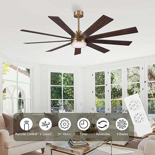 Miniatura 8 de Ventilador de techo con motor CC de 65 pulgadas con luz, control remoto de 6 velocidades, motor reversible, moderno ventilador de techo de 9 aspas