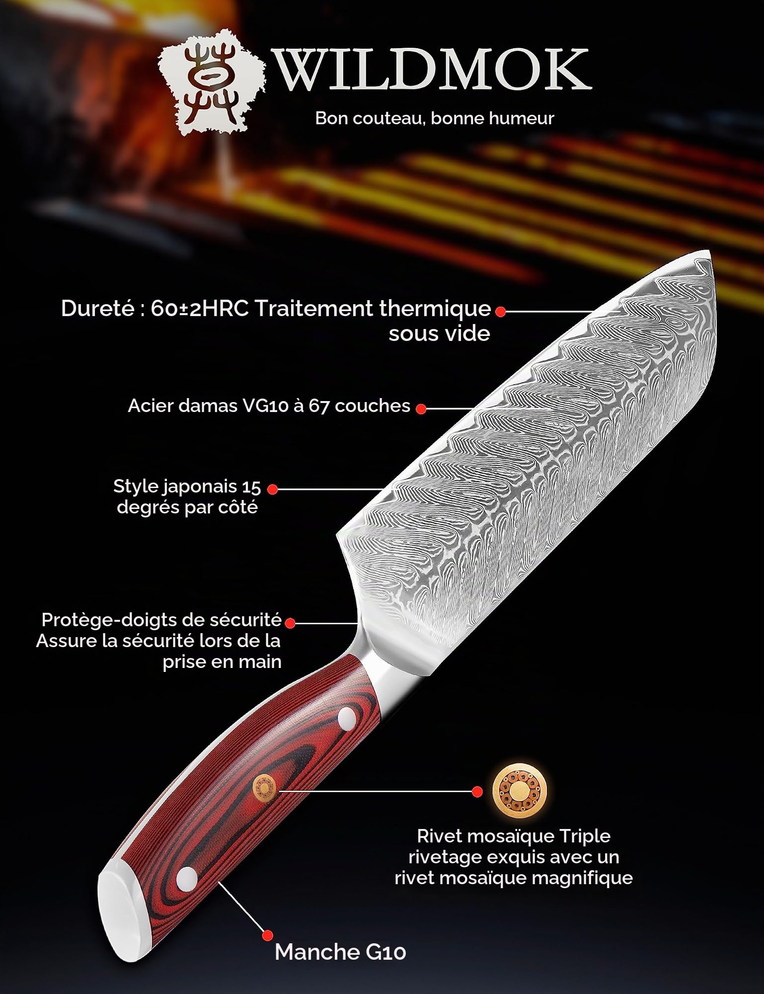 WILDMOK Damas couteau à découper 17.8cm tranchant professionnel asiatique couteau à viande japonais super vg10 ACIER MULTI - fonction légumes couteau de cuisine Tang ensemble complet
