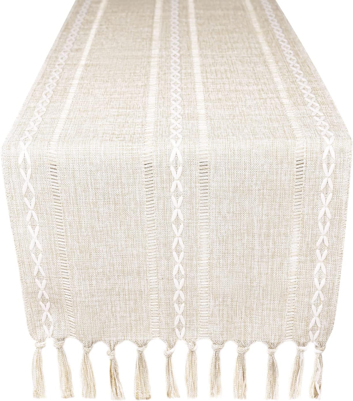 Yicorgard Boho Table Runner Rustic Style 13“ x 120”, Cream Braided Farmhouse Linen Table Runner 120 Inches Long with Tassels for Dining Room Kitchen