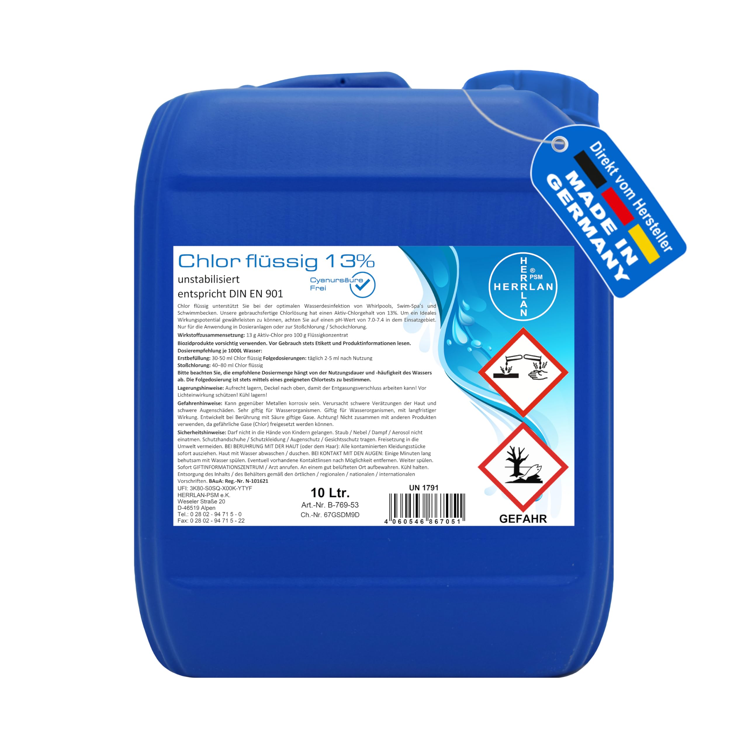 HERRLAN® Chlor flüssig 13% – 10 Liter Gebinde, 13 Kg Netto - Unstabilisiert & frei von Cyanursäure - Profi-Wasserdesinfektion für Pool, SwimSpa & Whirlpool - Made in Germany