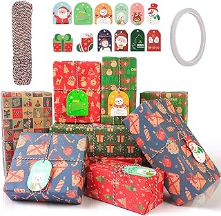 Christmas Wrapping Paper, Christmas Wrapping Paper Set, 12 Sheets of Gift Wrapping Paper with Santa Claus, Christmas Trees and More, 20x28in Holiday Kraft Paper with Gift Tags for Diy Gifts