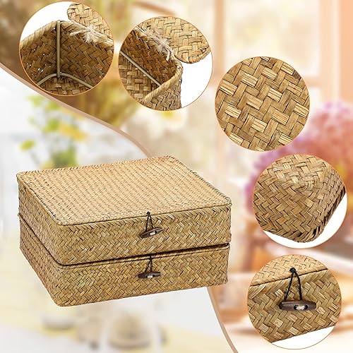 Miniatura 4 de BTSKY Paquete de 2 cestas de mimbre con tapas, contenedores de almacenamiento tejidos planos para organizar estantes, cestas de almacenamiento de