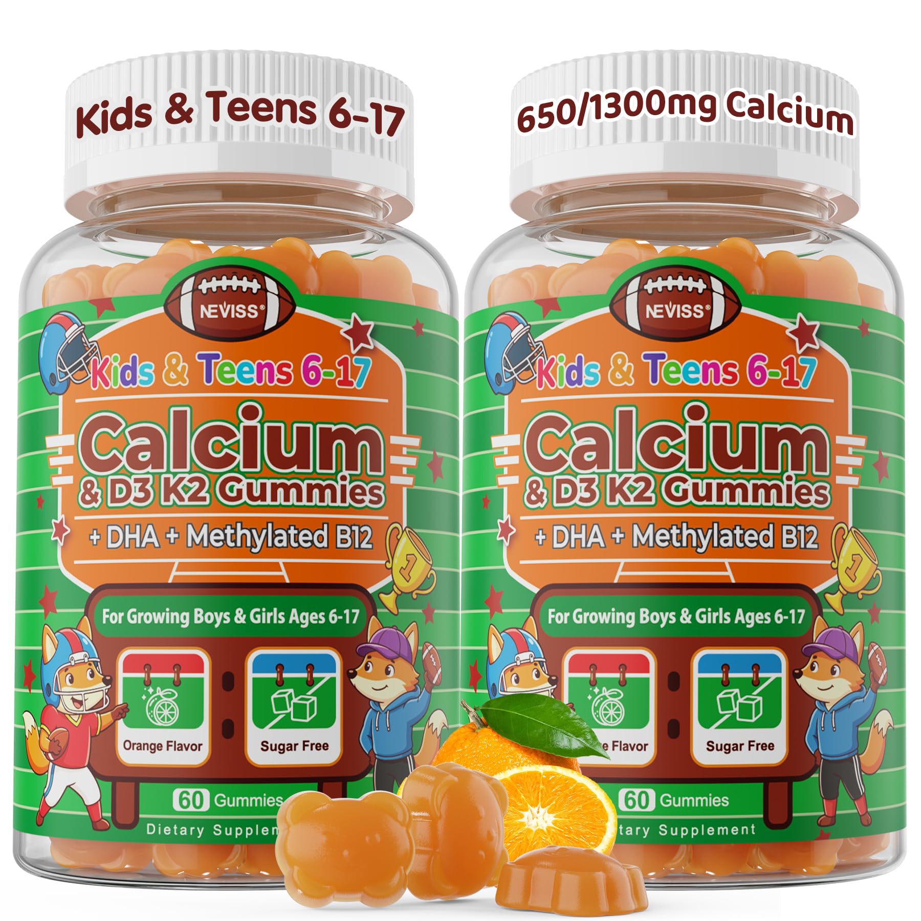 Kids Teens Calcium Gummies + Vitamin D3 K2 + B12 + DHA Gummy, for Children & Teenager Boys Girls Ages 6-17 Years Old, Back to School Routine Daily Nutrition, Bone Energy Brain, Sugar Free, 2Pack