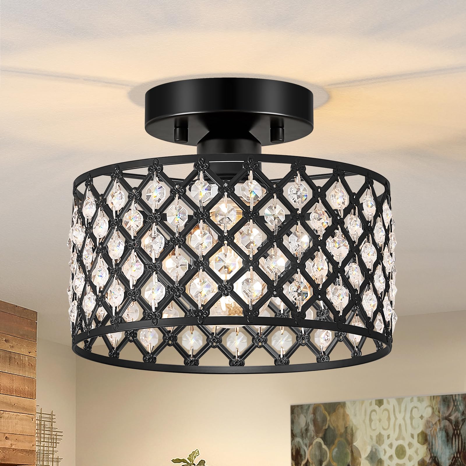 Black Crystal Ceiling Light Fixture,Modern Semi Flush Mount Ceiling Lighting Fixture,Round Small Chandelier for Hallway, Entryway, Laundry Room, Kitchen, Bedroom, Foyer, Bathroom, 1 Light, 9 inch