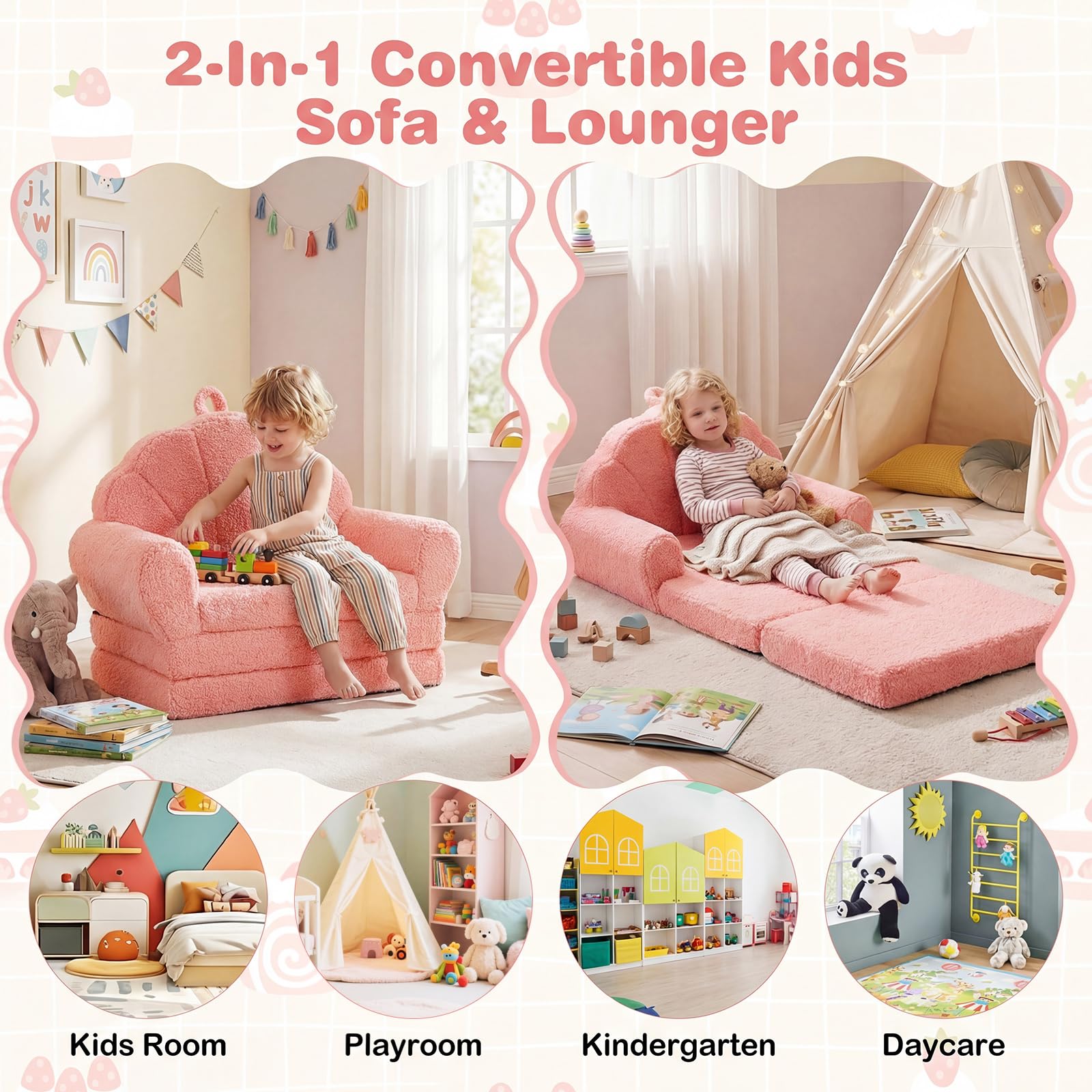 GOPLUS Canapé-Lit Enfant Pliable, Fauteuil Enfant Convertible en Forme de Coquillage, avec Accoudoirs, Poignée, Fauteuil Bebe Doux en Polaire Teddy pour Chambre Salle de Jeux (Rose)