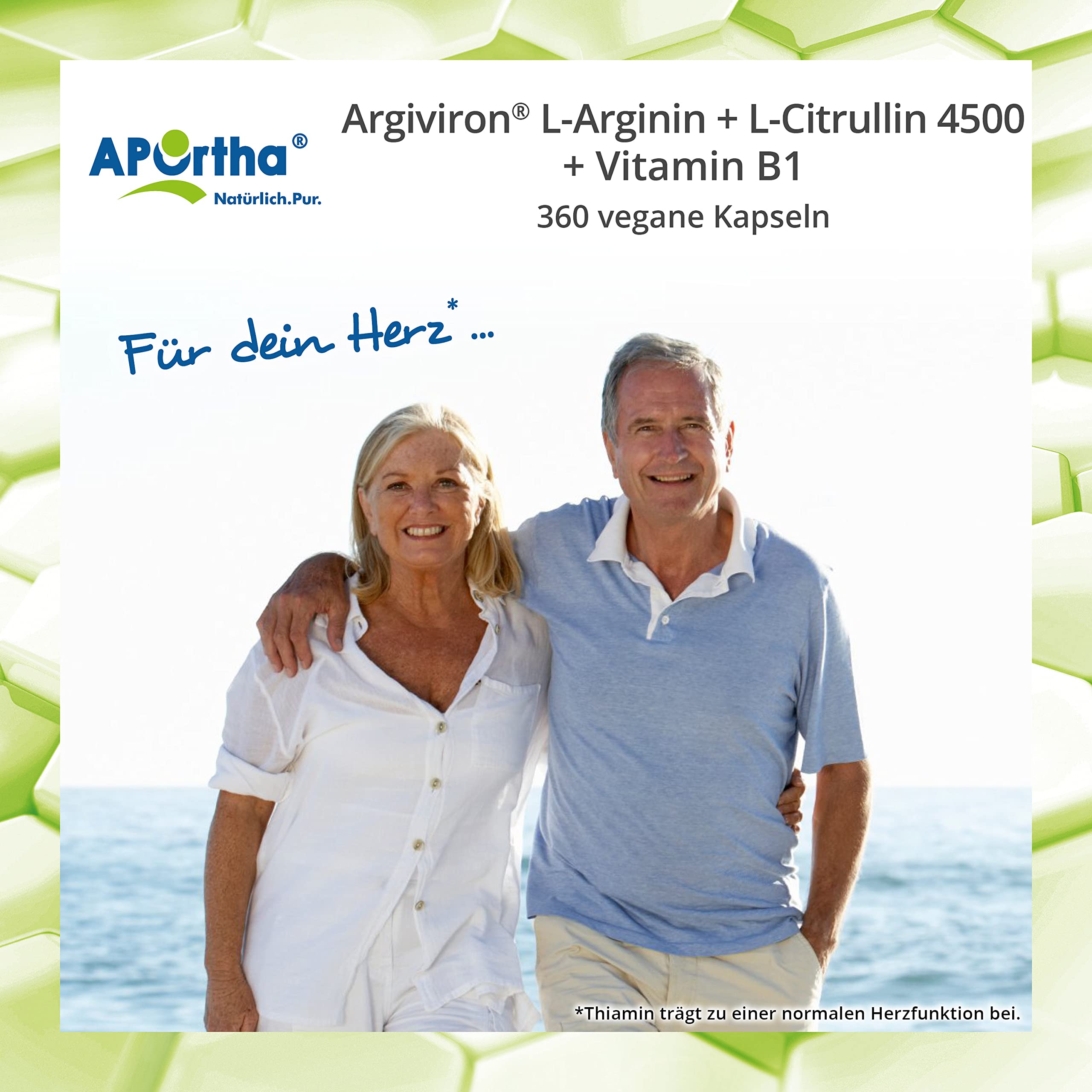 APOrtha® Argiviron® L-Arginin + L-Citrullin 4500 hochdosiert + Herzvitamin Vitamin B1, 360 vegane Kapseln, Hochdosiert im Verhältnis von 1,6 zu 1 von L-Arginin zu L-Citrullin, allergenfrei