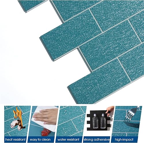 Miniatura 3 de Azulejos de metro de superficie dura gruesa de 10 hojas para despegar y pegar, 12 x 12 pulgadas con purpurina azul pavo real para salpicaduras de