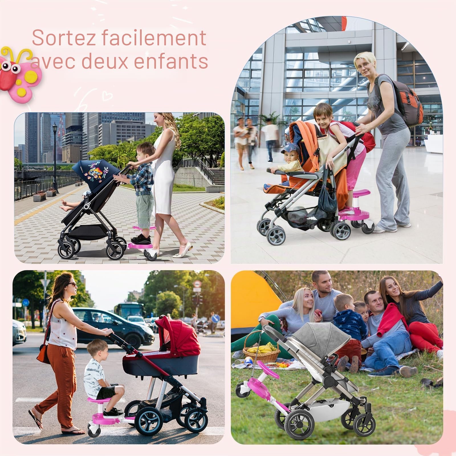 Planche Poussette Universelle Rose, Marche Pied Poussette Universelle avec Siège, Compatible 99% des Poussettes, Planche à Roulettes pour Enfants 2-6 Ans (25KG)