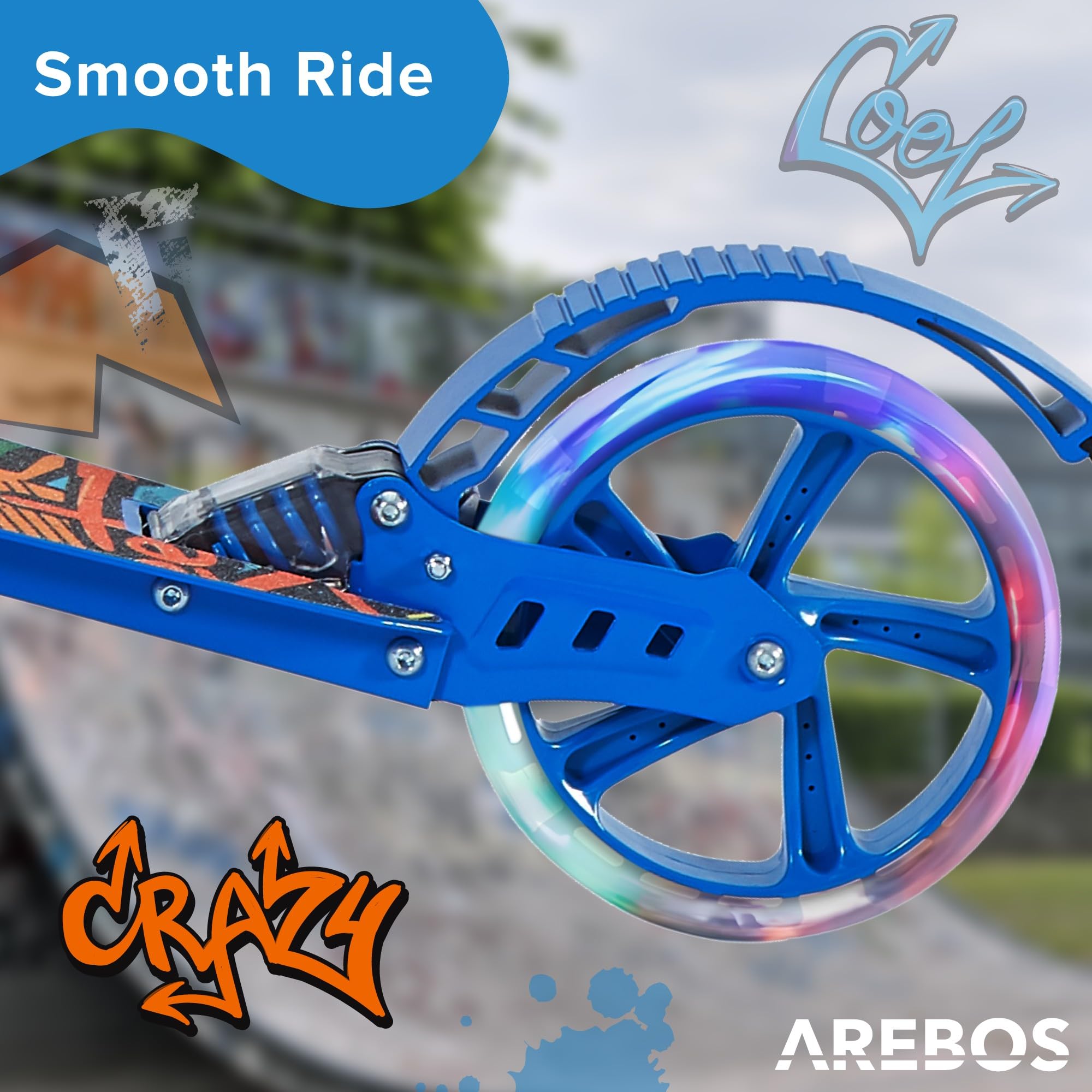 Arebos City Scooter Patinete a Pedales Azul Regulable en Altura Plegable Ruedas LED Freno de Pedal Manual