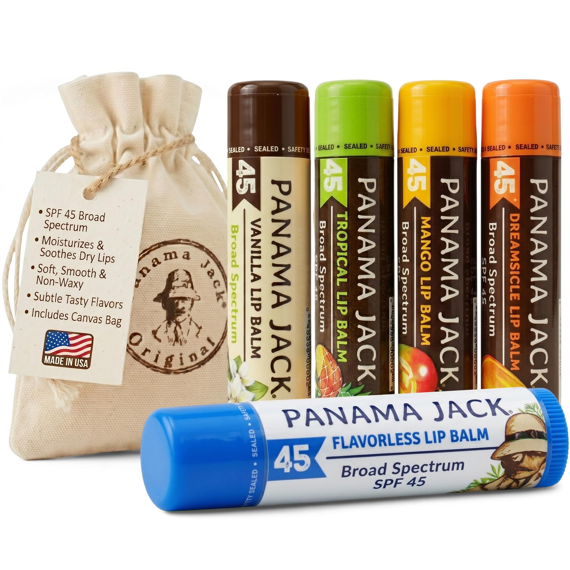 Panama Jack Sunscreen Lip Balm SPF 45 Broad Spectrum, Non-Waxy, 5 Pack | Moisturizing, UVA-UVB Water Resistant Sticks, Smooth Hydrating Formula Prevents & Soothes Sensitive, Dry, & Chapped Lips