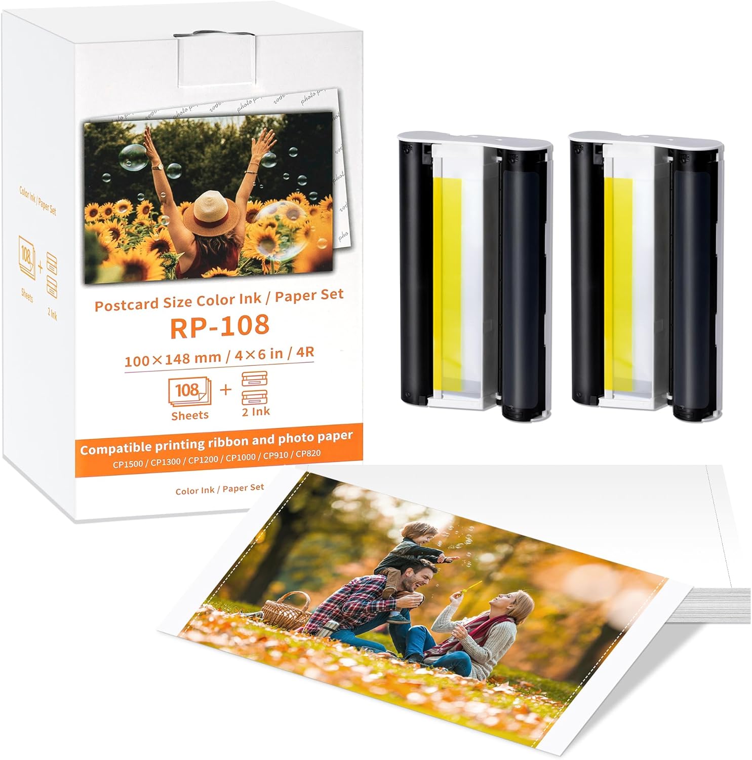 Compatible with Canon RP-108 Color Ink/Paper Set, 2 Color Ink and 108 Sheets 4x6 Photo, Compatible with Canon Selphy CP1300 CP1500 Photo Paper RP-108IN for CP910/CP820/CP1200/CP1300/CP1500