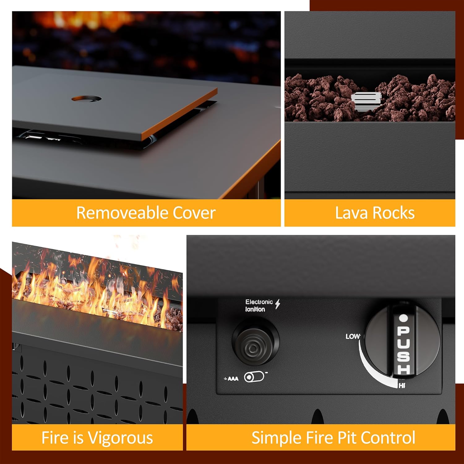 Vongrasig 43" Gas Fire Pit for Outside, 50,000 BTU Outdoor Propane Fire Pit Table with Lid & Lava Rock, Steel Rectangular Fire Table for Patio, Backyard, Deck, Garden, Black