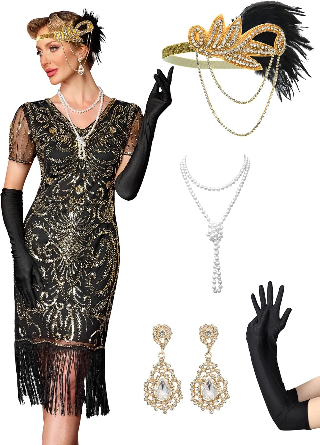 Women's Flapper Dresses 1920s for Women Great Gatsby Sequin Fringed Roaring 20s Cocktail Dress with Accessories Set