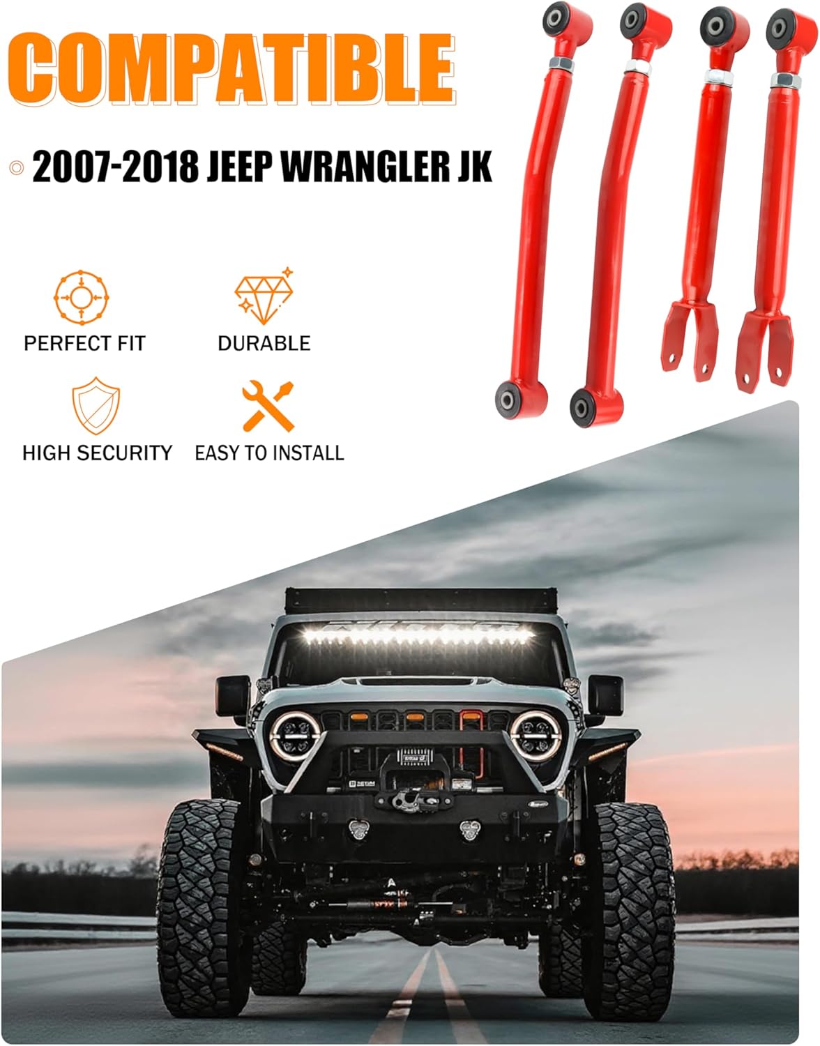 Adjustable Front Upper & Lower Control Arms for 2007-2018 Jeep Wrangler JK – 0-4.5″ Lift Geometry Correction, Heavy-Duty Suspension Upgrade