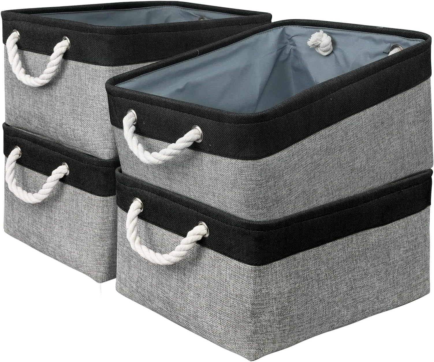 Storage Basket for Organizing - Large 4 Pack Canvas Decorative Storage Bins Baskets for Shelves with Ropes, Foldable Storage Cubes for Closet Cloth Toy Linen Organizer(Black & Grey 16x12x8 inch)