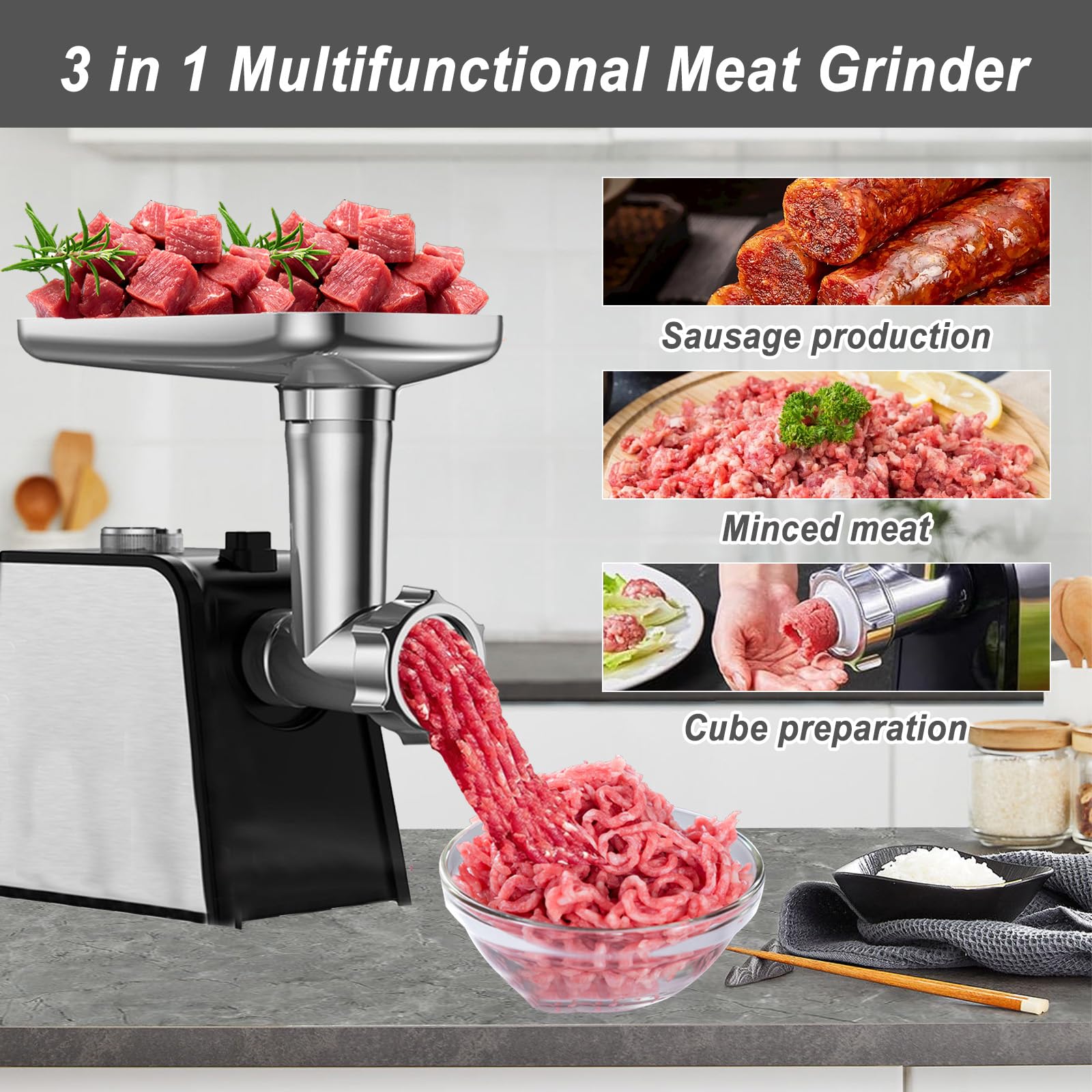 3 en 1 Picadora de Carne Eléctrica, Maquina de Picar Carne con 2 Cuchillas de Acero Inoxidable, 3 Placas de Molienda y Accesorio para Embutir Salchichas Kubbe, para Carne Picada, Salchichas
