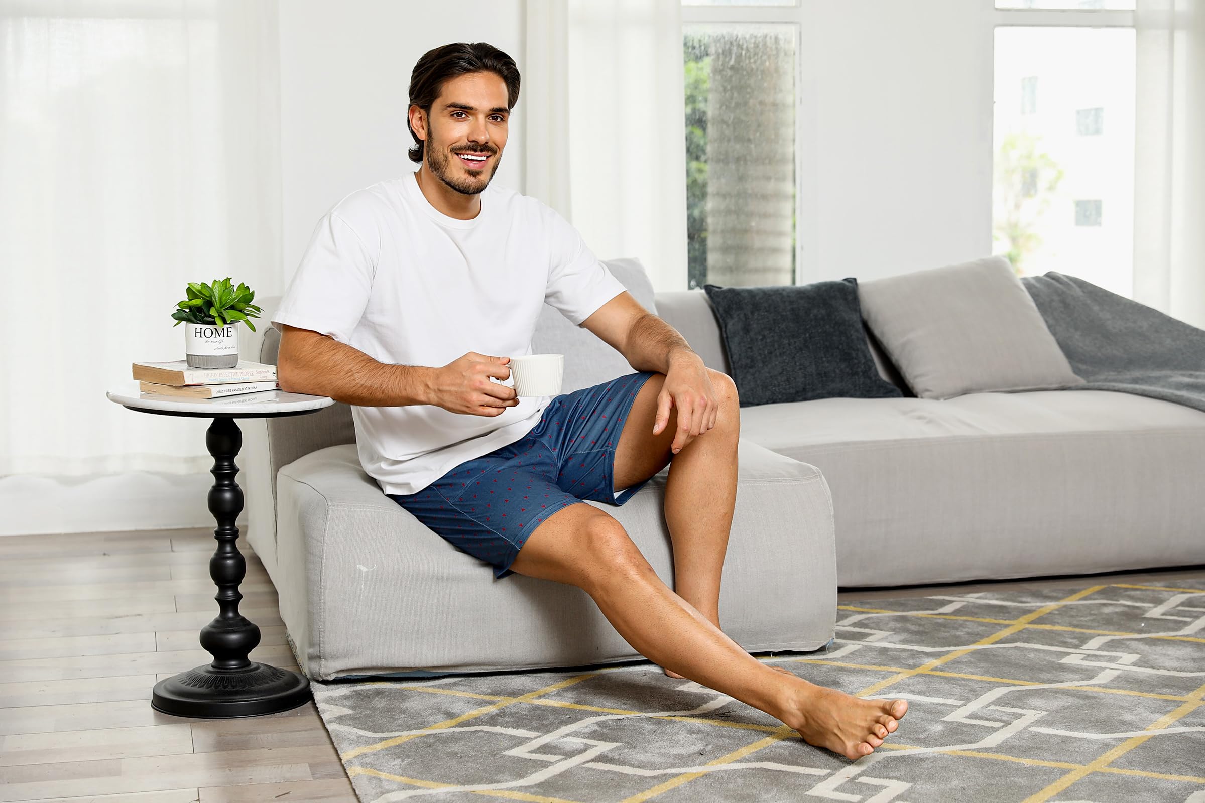 Demegimi Pantaloncini Pigiama da Uomo Pantaloni Corti Uomo Cotone Estivo Pantaloncini Pigiama con Coulisse e Tasche Pantaloncini Casual Corto con Stampa