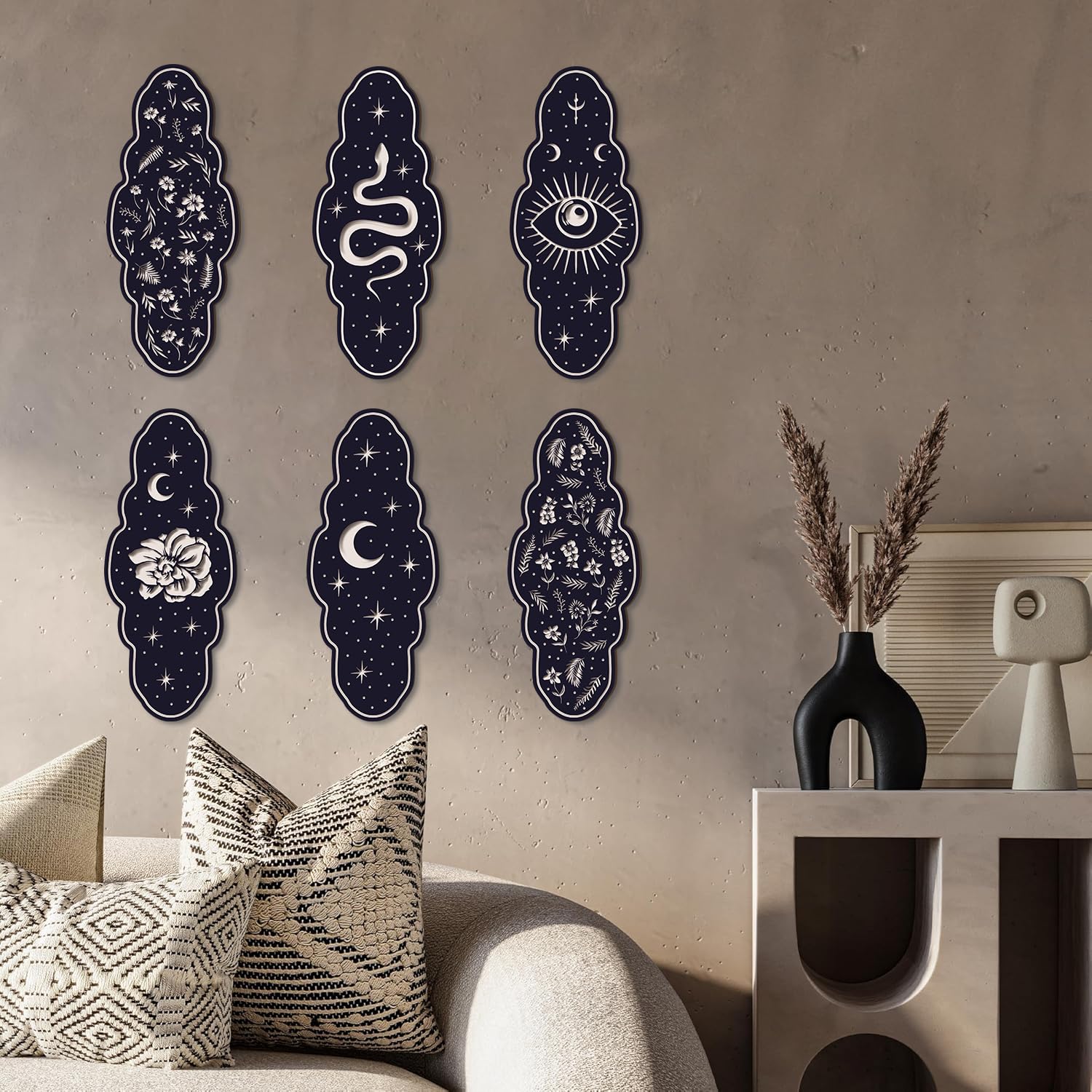 CHDITB Black Witchy Wood Sign, Set Of 6 Mystic Astrology Witchy Wooden Hanging Plaque, Aesthetic Flowers Moon Artwork Wall Hanging, Snake Tarot Cards Wall Art For Living Room Bedroom Office Wall Decor