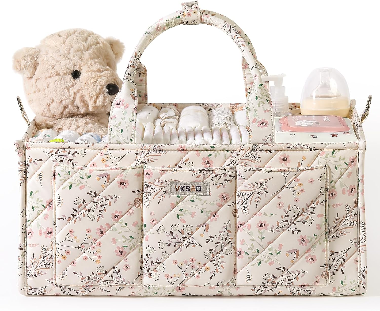 Extra Large Diaper Caddy Organizer – Big Baby Essentials Nursery Storage Basket with Zipper Pocket & Shoulder Strap, Splashproof Travel Tote for Twins, Gifts for Baby Shower, Beige Floral