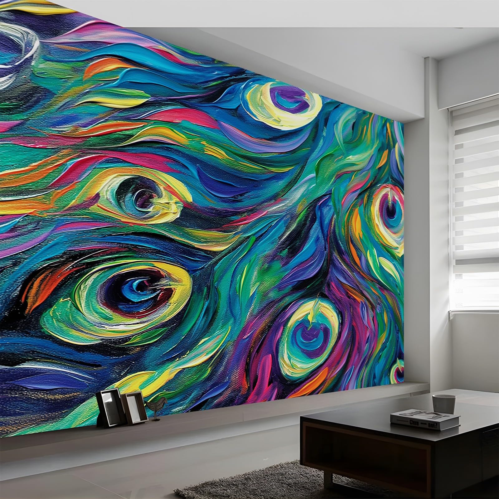 Tapeta 300 x 210 cm, tapeta z włókniny, abstrakcyjne pawie pióra, dekoracja, wodoszczelna, folia ochronna na ścianę, do sypialni, salonu, folia meblowa, tapeta ścienna, kolorowa, w zestawie poradnik