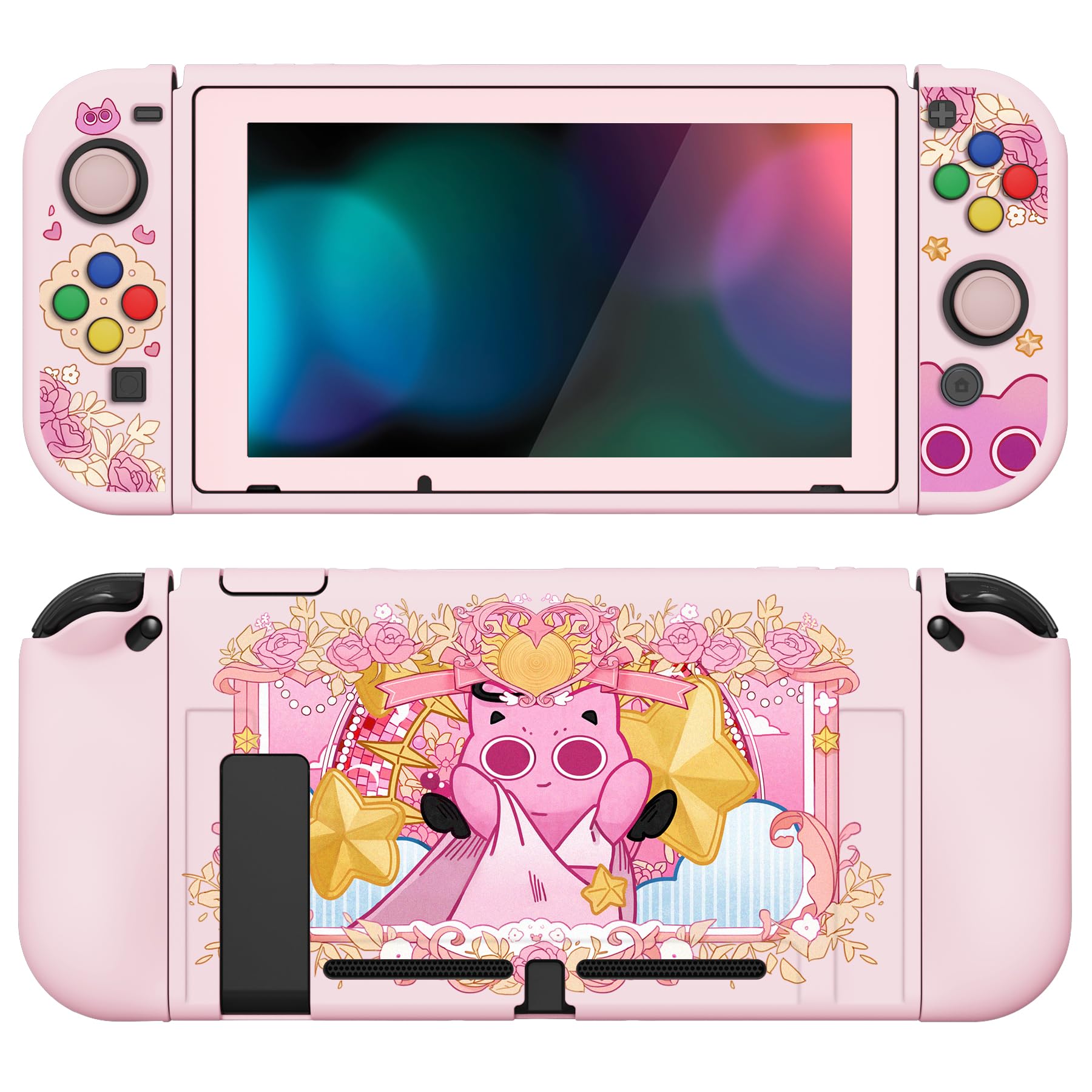 playvital Cover Custodia per Nintendo Switch,Copertura TPU Pellicola Vetro Temperato Protezione Copri Analogici Accessori per Joycon Console-ZealProtect-PP & Pink