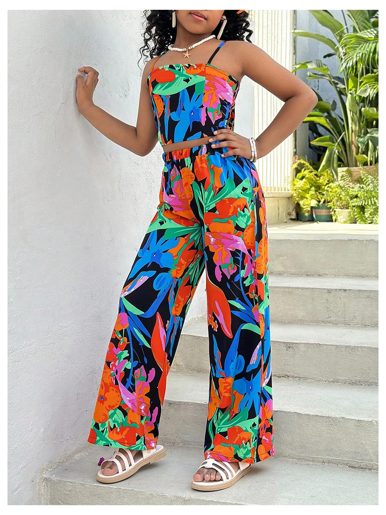 Floerns Conjunto de 2 piezas para niña hawaiana tropical camisola y pantalones bohemios