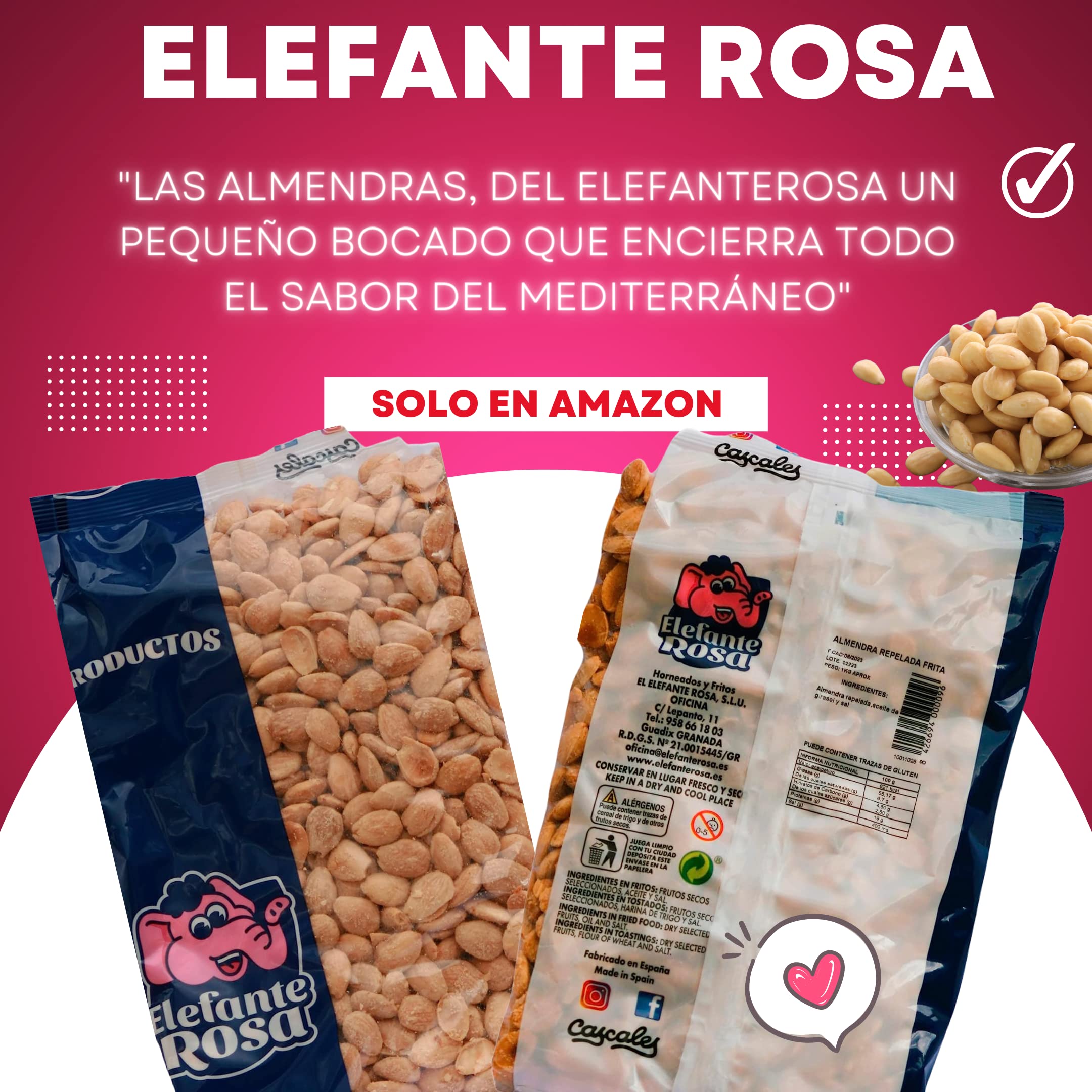 Almendras Fritas con Sal sin Piel 1kg – Almendras Repeladas Artesanales – Snack Saludable Rico en Proteínas y Fibra – Formato Ahorro 1 Kilo – Calidad Gourmet Elefante Rosa