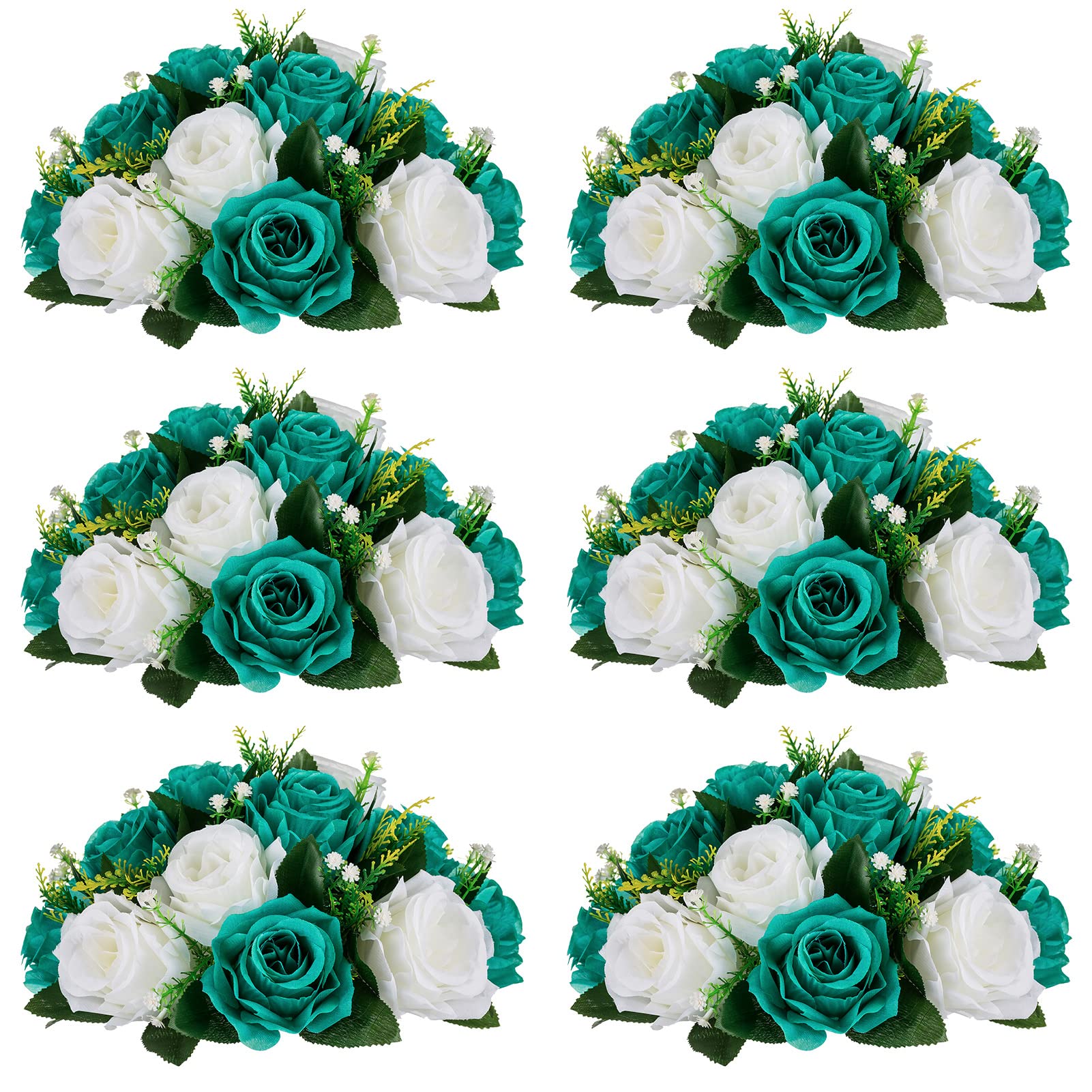 Nuptio Bouquet di Palline di Fiori: 6 Pezzi Centrotavola Fiori Artificiali Composizioni Rose 24cm Diametro Verde Acqua & Bianco Rose Finte Centrotavola per Matrimoni Decorazioni Tavola Feste Natale