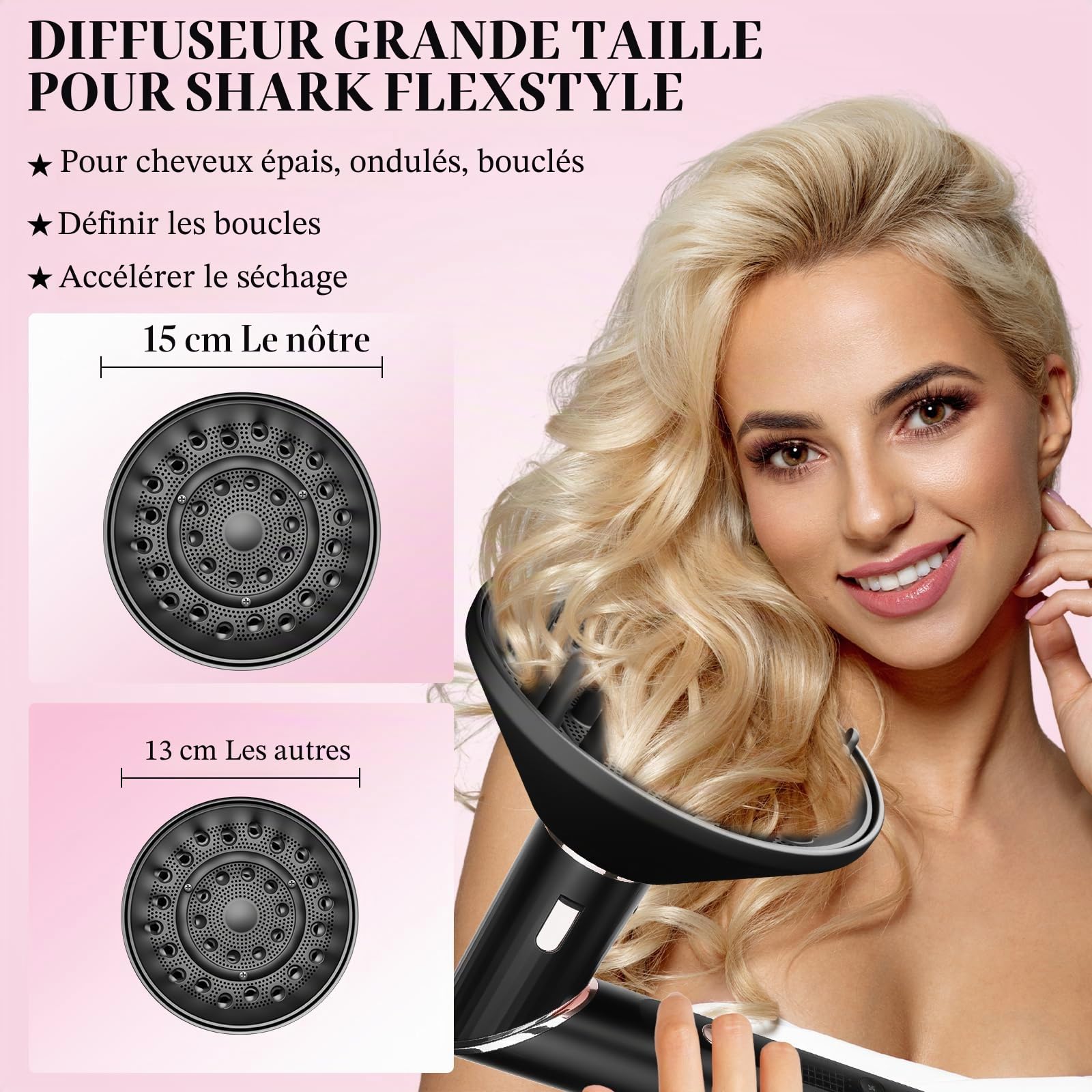 Grand diffuseur compatible avec Shark FlexStyle, buse diffuseur plus grande pour sécher plus rapidement et définir les cheveux ondulés bouclés bouclés Noir
