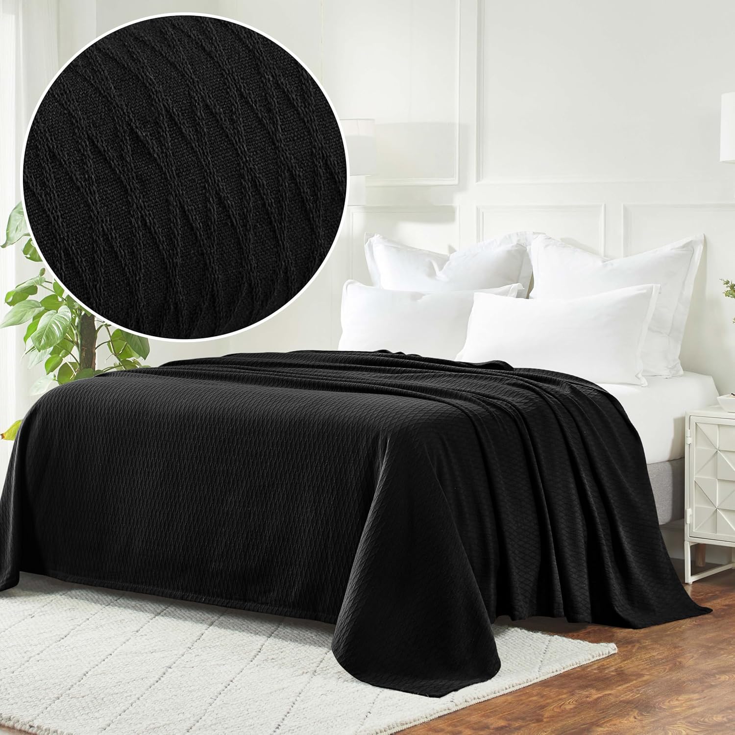 Superior 100% Cotton Diamond Weave Blanket, Perfect for Bedroom, Living Room, Couch, Picnics, Travel, Beach, or Camping, Comfy Blanket, Bedroom Decor, Essentials, Cover for Bed, Full/Queen, Black