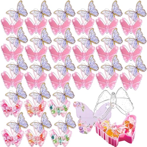 Pasimy Paquete de 24 recuerdos de fiesta de mariposa para niñas, cajas de dulces de plástico de mariposa con tarjetas, cordones a granel, caja de