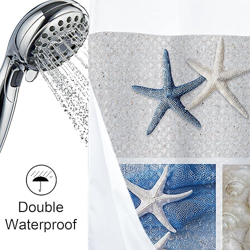 Vista 60 de Cortina de ducha de tortugas marinas, temática náutica de playa, verde y verde azulado, sin ganchos, punto gofre y forro desmontable, decoración