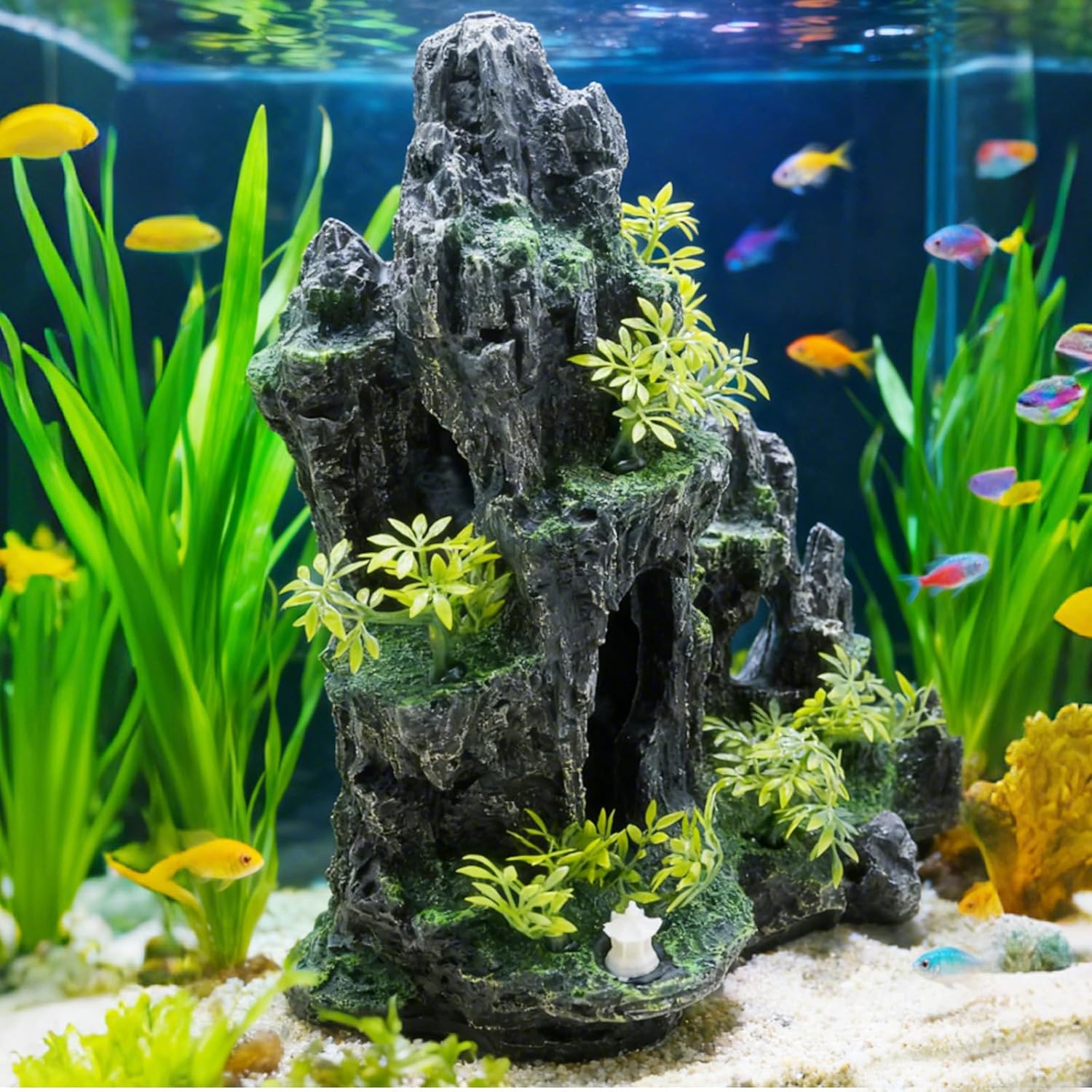 Hoypeyfiy Large Aquarium Decorations and Tall Aquarium Decor for Fish Tank Decorations Artificial Mountain View Ornament Tall Large Aquarium Rock Decor Tree House with Hiding Caves Natural Landscape