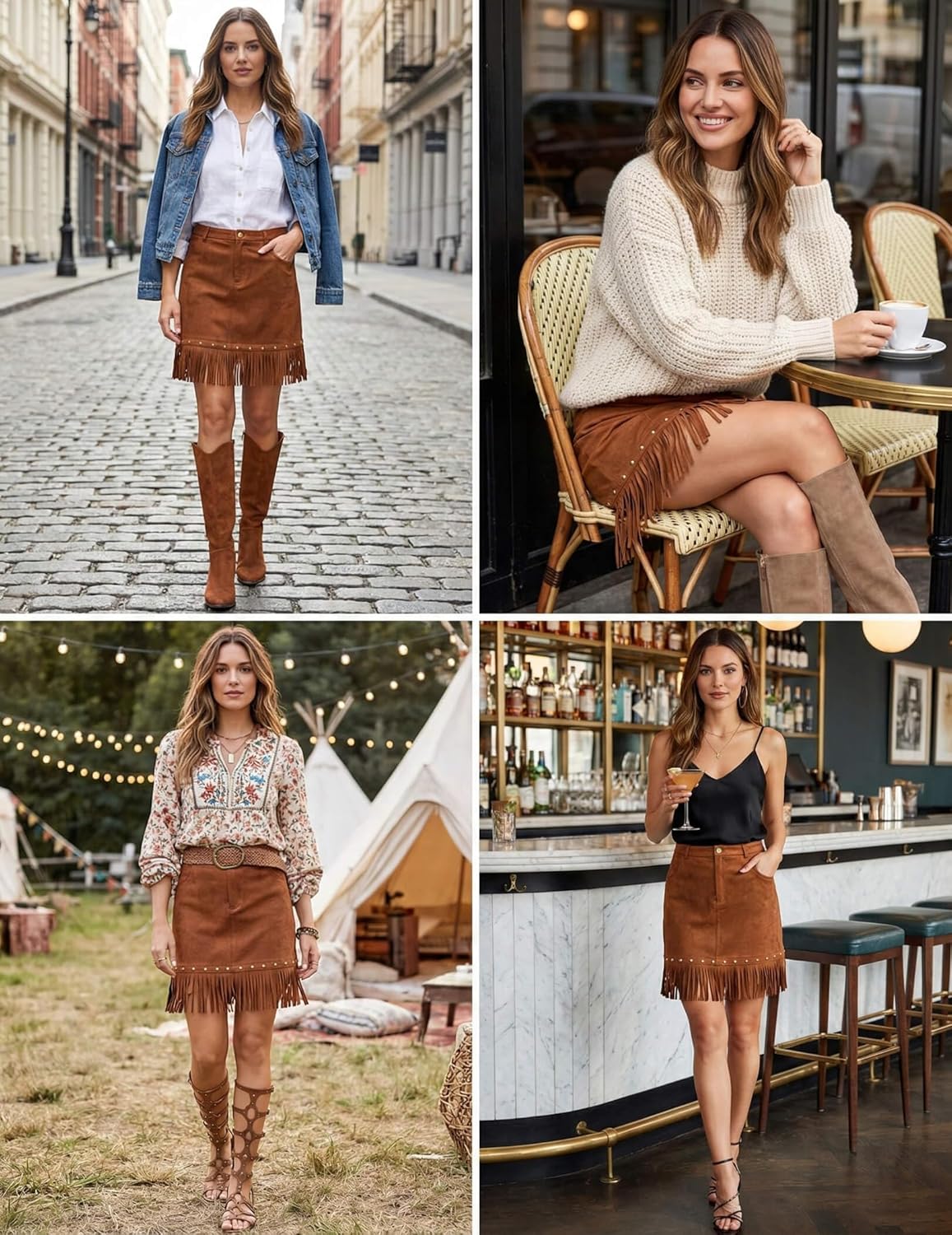 DERAX Women's Suede Fringe Mini Skirt High Waisted Tassel Western A Line 2026 Spring Short Skirts with Pockets - Image 6