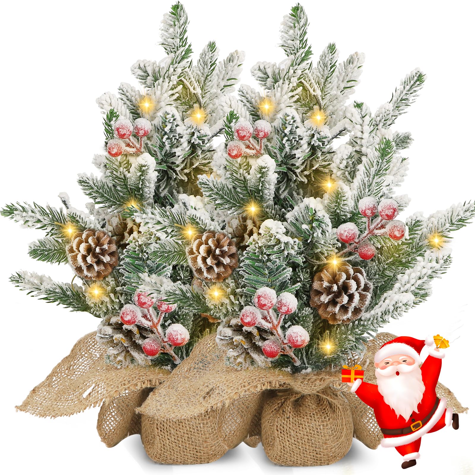 Aigostar Weihnachtsbaum mit Beleuchtung 35cm 2pcs, künstlicher Weihnachtsbaum Klein, Mini Christmas Tree mit Schnee-Deko, Tannenzapfen und roten Beeren