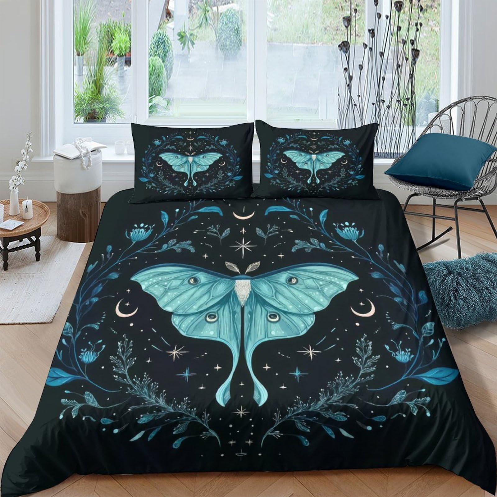 Ctjqhvkz Style-3 3D Printed Blue Moth Moon Fitted Sheet Microfiber Soft Breathable Night Forest Bed Cover For Bedroom Dorm Decor Single（135X200cm）