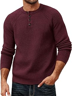 Mens Sweaters Casual Waffle Pullover Sweater Button Crewneck Textured Knit Henley Sweaters